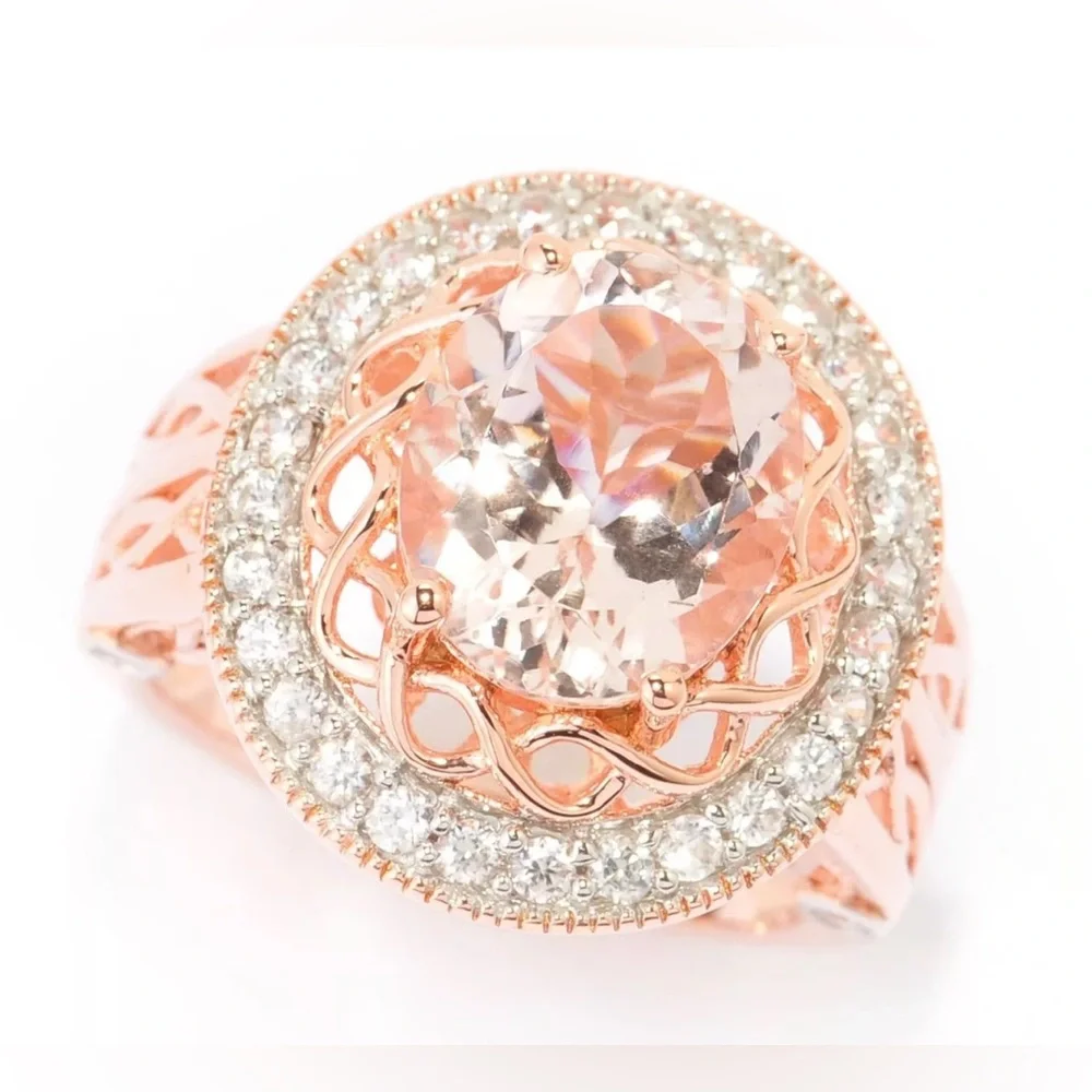 Peach Morganite Ring Rose‎ Gold Plated Filigree .925 Silver Tested US Size 11